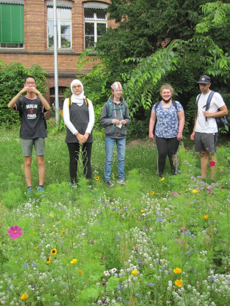 Die Schüler:innen der GE11 und ihr Betreuer vor der Blumenwiese